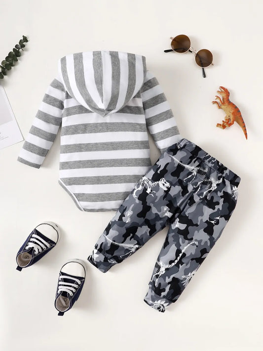 Children's Striped Hooded Bodysuit and Camouflage Pants Set