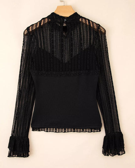 Lace Patchwork Flounce Sleeve Slim Fit Top