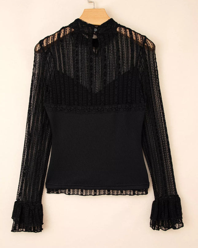 Lace Patchwork Flounce Sleeve Slim Fit Top