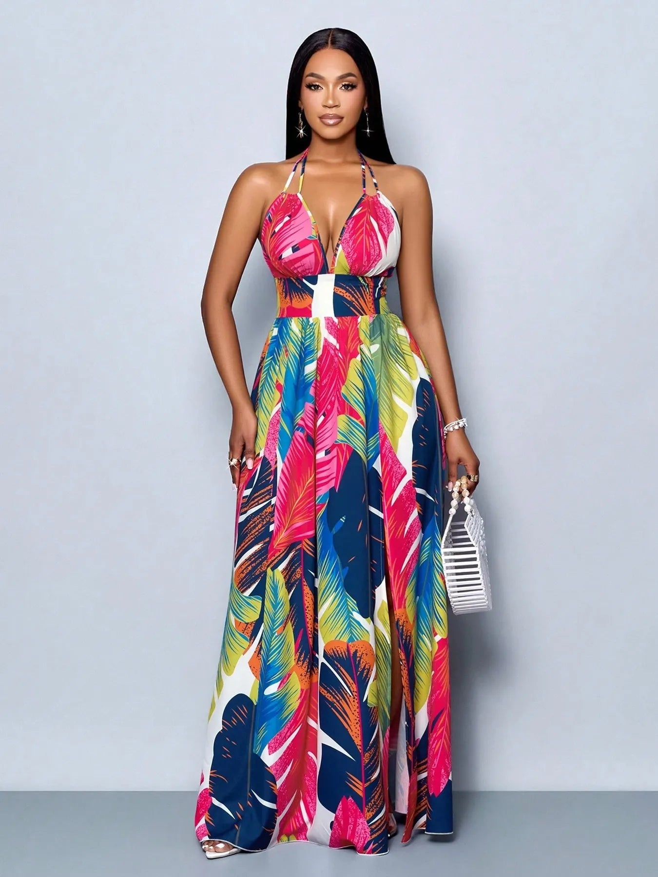 Tropical Feather Print Halter Maxi Dress Hot Pink