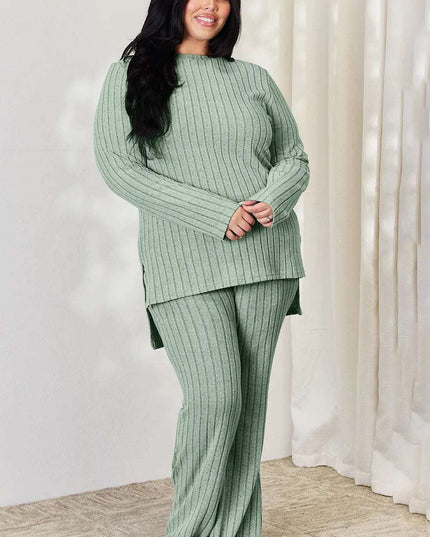 Basic Bae Full Size Ribbed High-Low Top and Wide Leg Pants Set