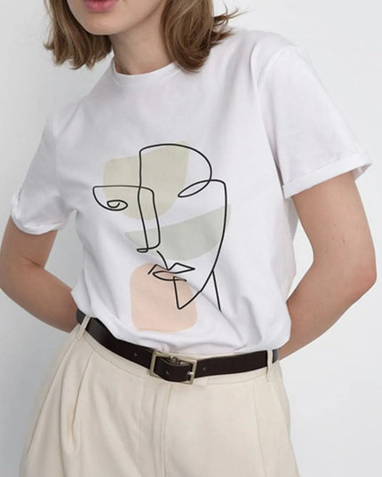 Abstract Face Graphic Casual Round Neck T-Shirt Sage