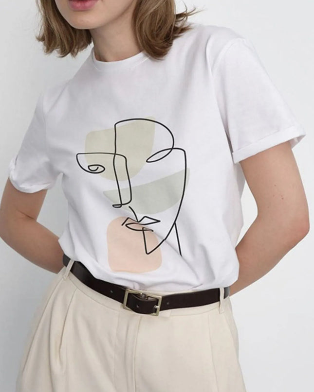 Abstract Face Graphic Casual Round Neck T-Shirt Sage