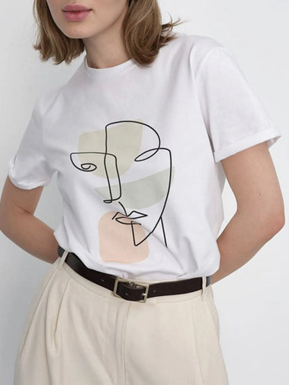 Abstract Face Graphic Casual Round Neck T-Shirt Sage