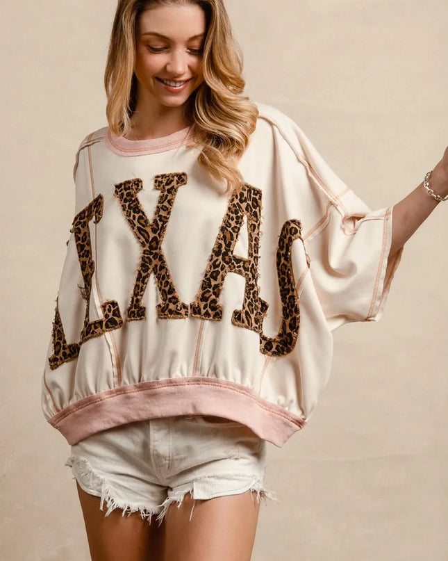 BiBi Leopard Print Texas Patchwork Overlock Stitch Top