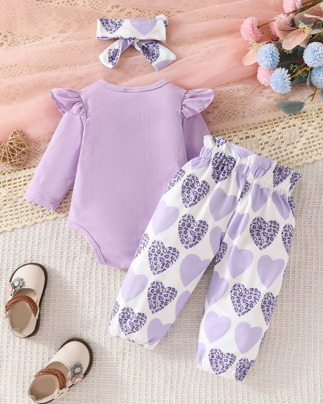 Children's Graphic Ruffled Top and Pants Set with Headband