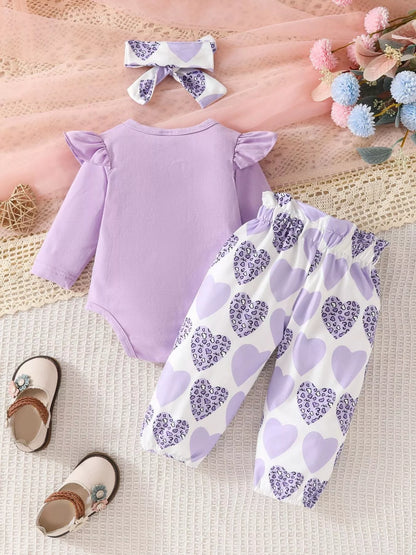 Children's Graphic Ruffled Top and Pants Set with Headband