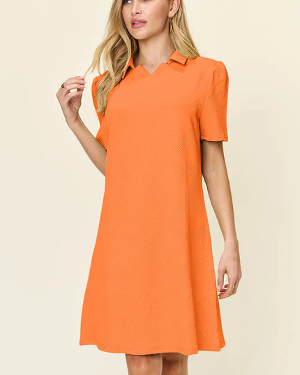 Double Take Full Size Texture Collared Neck Short Sleeve Dress Tangerine