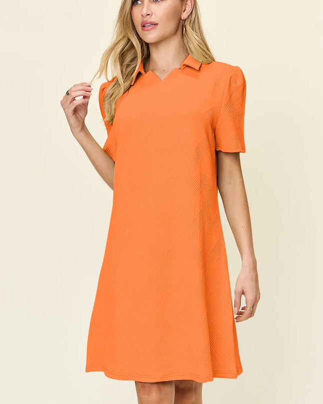 Double Take Full Size Texture Collared Neck Short Sleeve Dress Tangerine