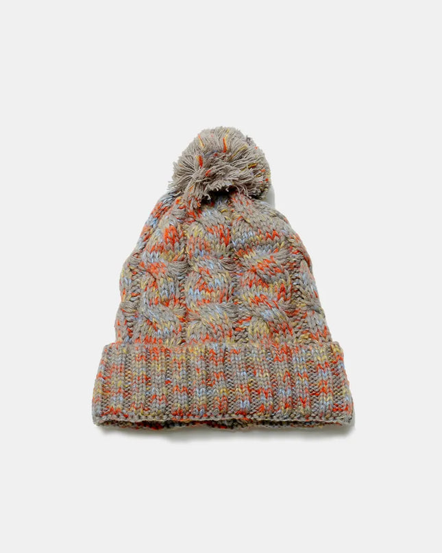Contrast Cable-Knit Hat with Pompom Taupe One Size