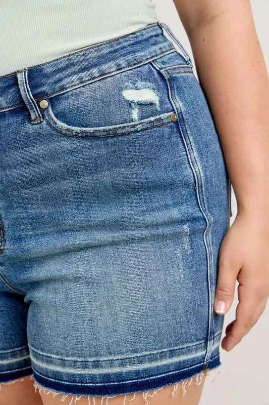 Judy Blue Plus Size Mr Tummy Control Vintage Wash Release Hem Shorts