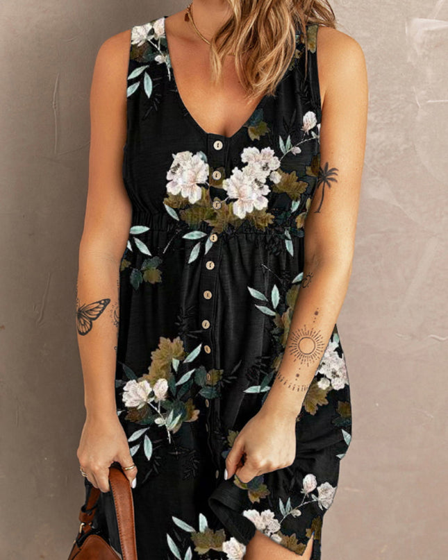 Double Take Printed Scoop Neck Sleeveless Buttoned Magic Dress with Pockets