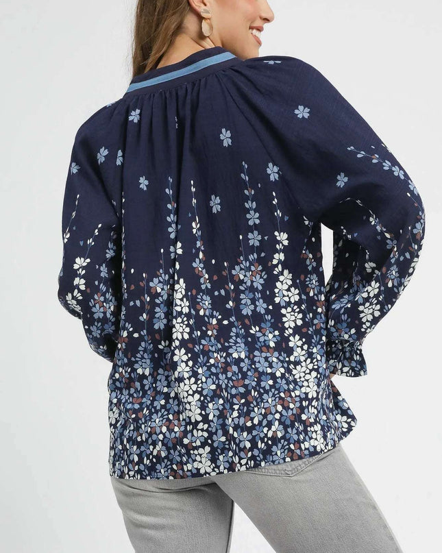 Umgee Full Size Floral Vine Print Blouse with Balloon Sleeves Plus Size