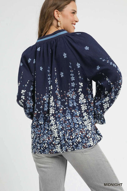 Umgee Full Size Floral Vine Print Blouse with Balloon Sleeves Plus Size