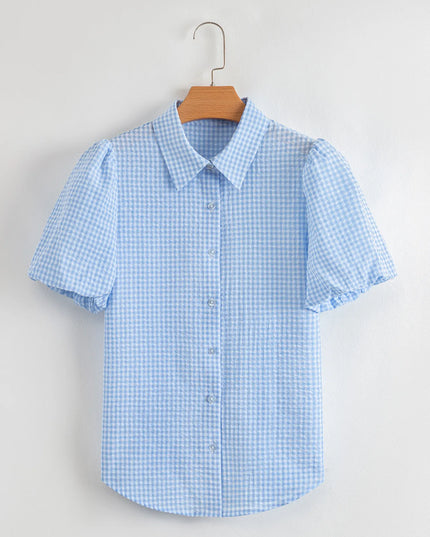 Gingham Print Puff Sleeve Button-Up Shirt
