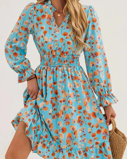 Floral Print Flounce Sleeve Ruffle Hem Dress