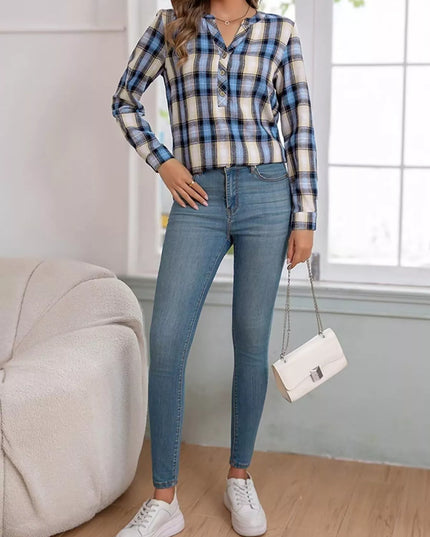 Plaid Half Button Long Sleeve Blouse