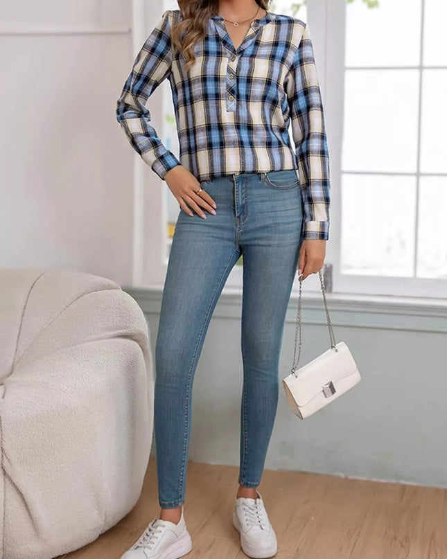 Plaid Half Button Long Sleeve Blouse