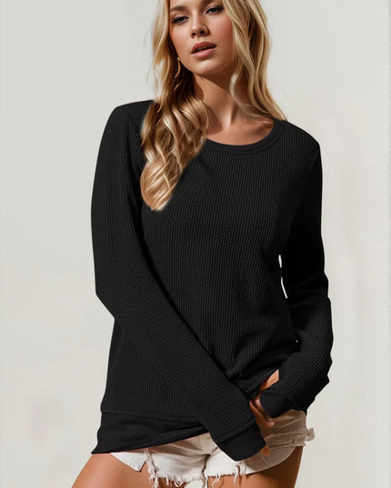 Double Take Corded Rib Thumbhole Cuff Round Neck T-Shirt Black