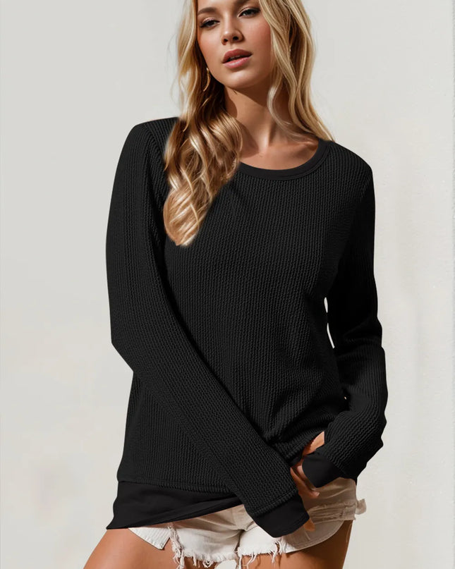 Double Take Corded Rib Thumbhole Cuff Round Neck T-Shirt Black
