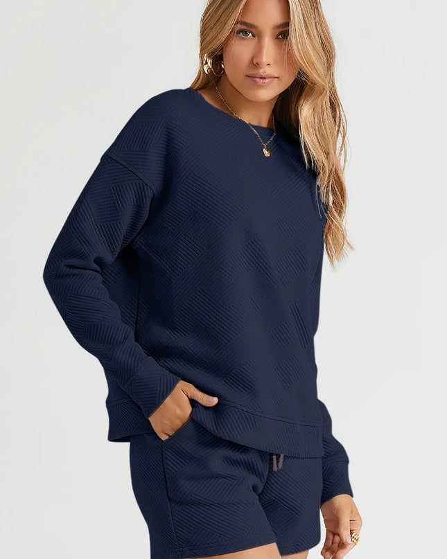 Double Take Full Size Texture Long Sleeve Top and Drawstring Shorts Set Navy