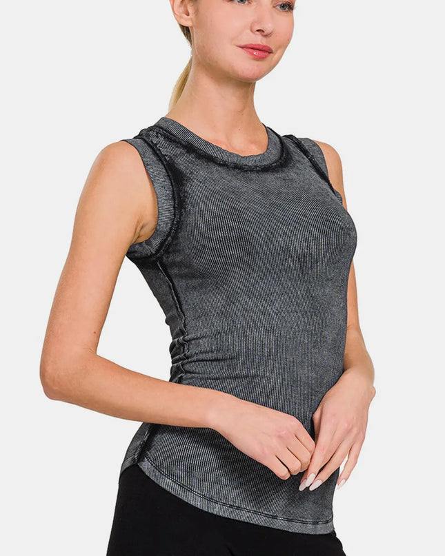 Zenana Washed Ribbed Round Neck Slim Tank ASHBLACK