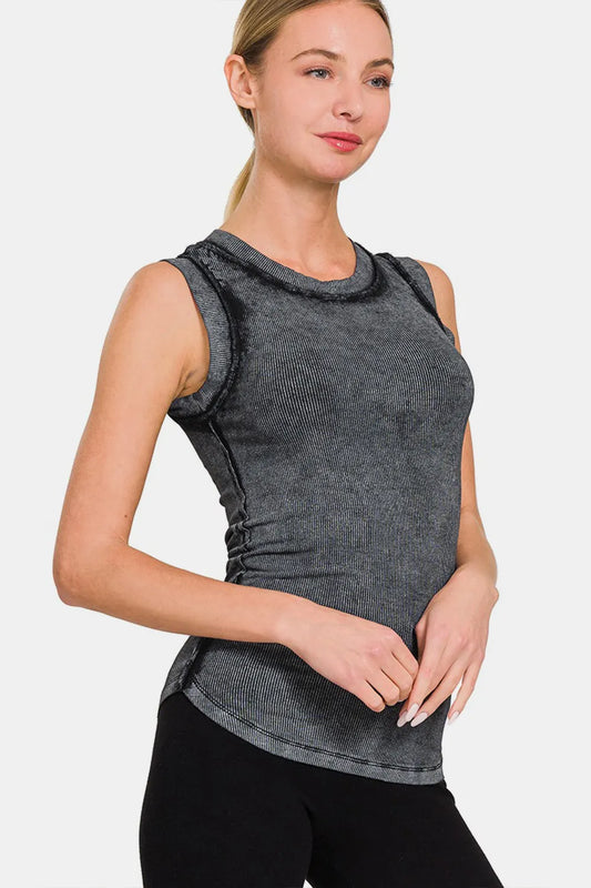 Zenana Washed Ribbed Round Neck Slim Tank ASHBLACK