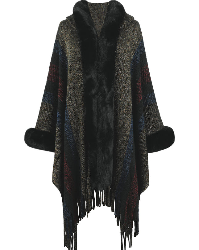 Color Block Fringe Detail Poncho Black One Size