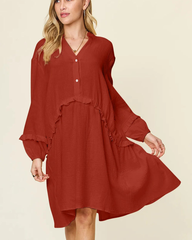 Double Take Full Size Texture Half Button Ruffle Trim Dress Caramel