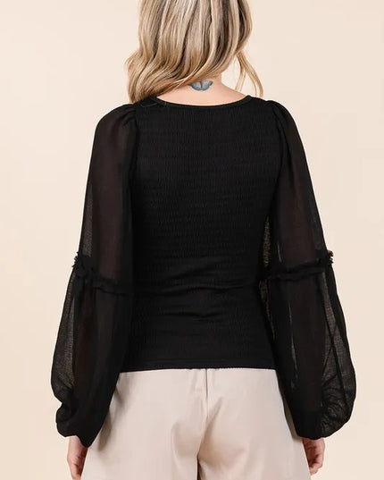 Mittoshop Mixed Media Textured Knit Chiffon Long Sleeve Top 