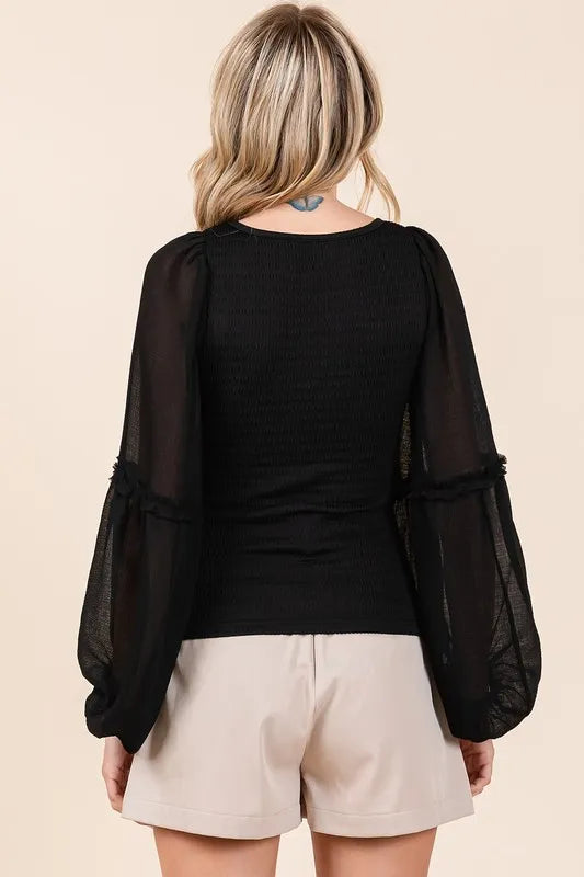 Mittoshop Mixed Media Textured Knit Chiffon Long Sleeve Top 