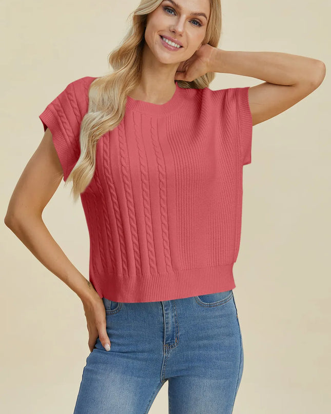 Double Take Full Size Cable-Knit Round Neck Short Sleeve Sweater