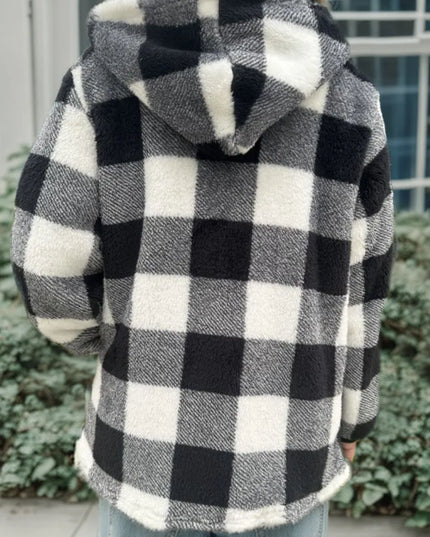 Double Take Full Size Plaid Long Sleeve Hooded Coat