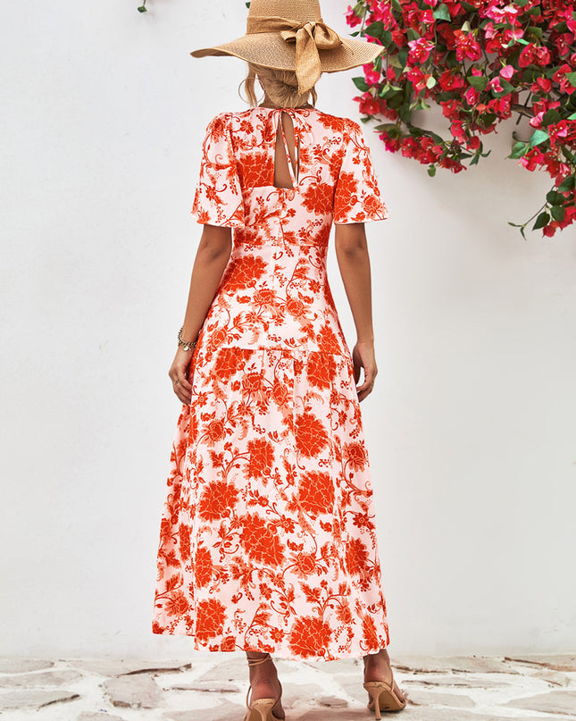 Floral Round Neck Tied Open Back Dress
