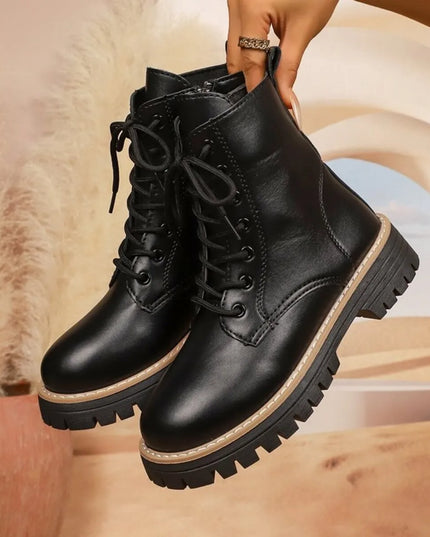Lace Up Leather Combat Boots with Chunky Sole Black