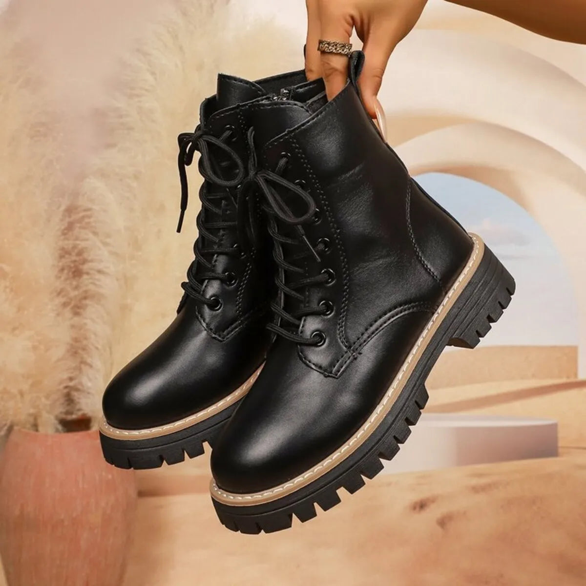 Lace Up Leather Combat Boots with Chunky Sole Black