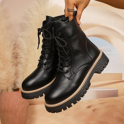 Lace Up Leather Combat Boots with Chunky Sole Black
