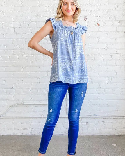 And The Why Boho Print Ruffle Baby Doll Tank Top BLUE