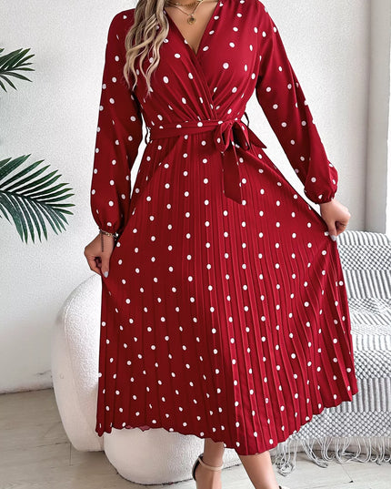 Front Tie Polka Dot Midi Pleated Dress Scarlet