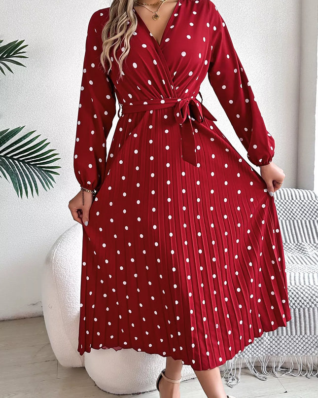 Front Tie Polka Dot Midi Pleated Dress Scarlet