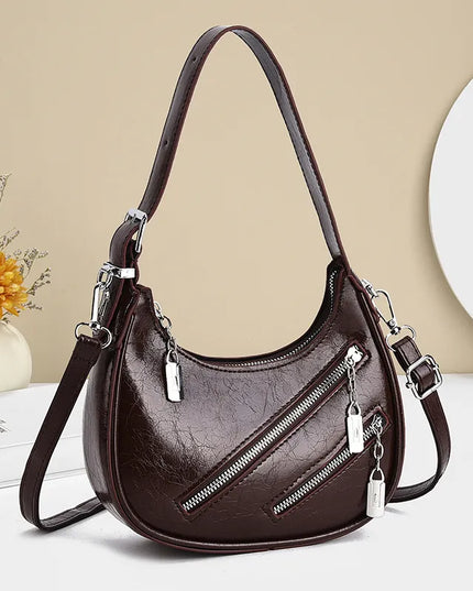Diagonal Zipper Leather Shoulder Bag 