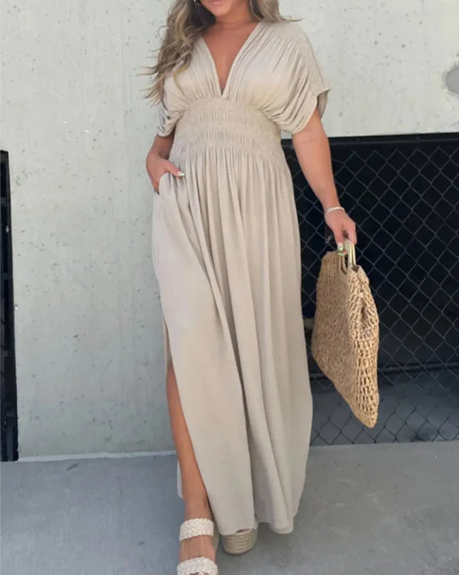 Full Size Deep V-Neck Maxi Dress with Side Slit Plus Size