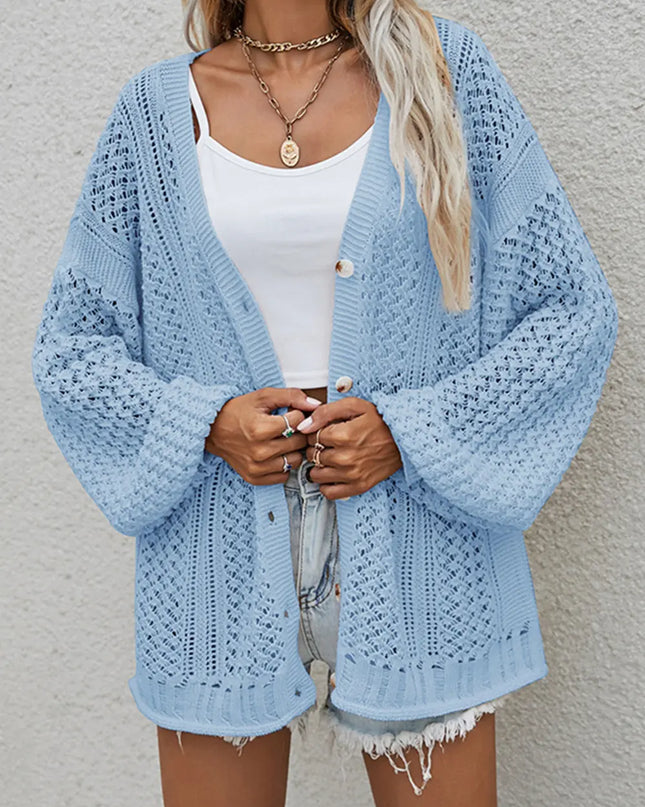 Openwork Button Front Cardigan Sky Blue