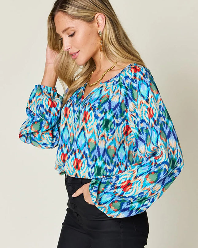 Double Take Full Size Printed Balloon Sleeve Blouse