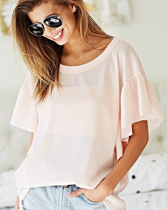 BiBi Thermal Knit with Ruffled Sleeve Top