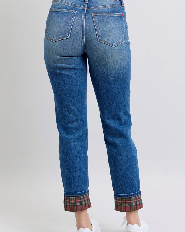 Judy Blue Full Size Mr Plaid Print Cuff Bf Jeans Plus Size