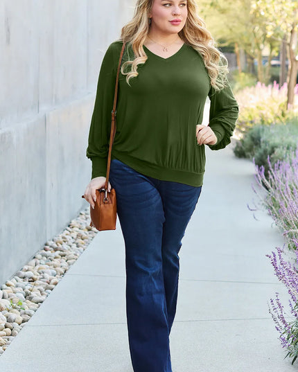 Basic Bae Full Size V-Neck Lantern Sleeve Top