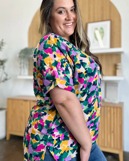 Double Take Full Size Printed V-Neck Short Sleeve Side Slit Top