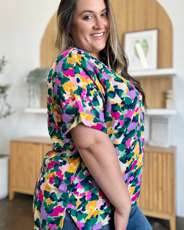 Double Take Full Size Printed V-Neck Short Sleeve Side Slit Top