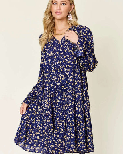 Double Take Full Size Printed Ruffle Hem Long Sleeve Tiered Dress Dark Blue